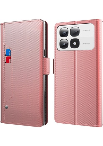 Anti-Düşen Telefon Kılıfı Xiaomi 14T Kılıf Standı Pu Deri Telefon Kapak Kart Tutucu Ayna-Gül Altın (Yurt Dışından)
