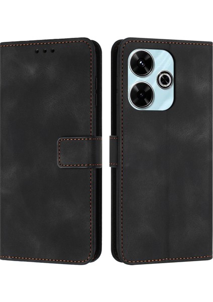 Anti-Düşen Telefon Kılıfı Xiaomi Redmi 13 5g/4g Deri Kılıf Düz Renk Cüzdan Koruyucu Telefon Kapağı-Siyah (Yurt Dışından)