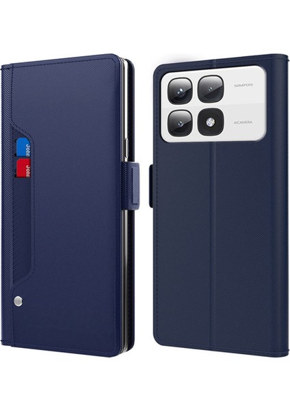 Anti-Düşen Telefon Kılıfı Için Xiaomi 14T Kılıf Standı Pu Deri Telefon Kapak Kart Tutucu Ayna-Mavi (Yurt Dışından)