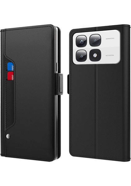 Anti-Düşen Telefon Kılıfı Xiaomi 14T Kılıf Standı Pu Deri Telefon Kapak Kart Tutucu Ayna-Siyah (Yurt Dışından)