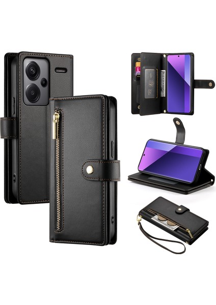 Anti-Düşen Telefon Kılıfı Xiaomi Redmi Için Not 13 Pro + 5g Kılıf Fermuar Cüzdan Deri Telefon Kapak Standı Görünüm-Siyah (Yurt Dışından)