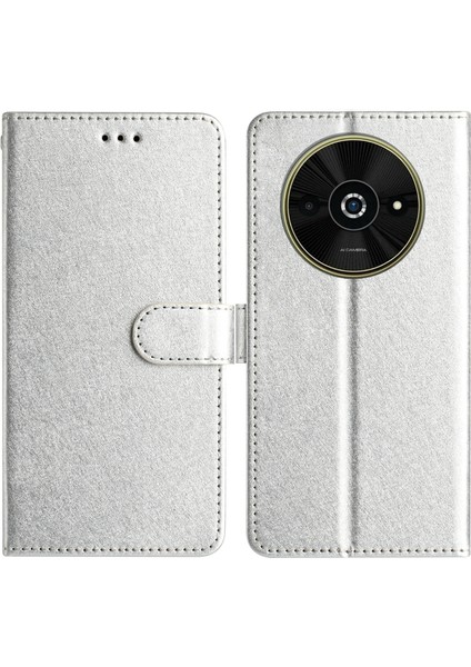 Anti-Düşen Telefon Kılıfı Için Xiaomi Poco C61 4g Kılıf Cüzdan Standı Deri Ipek Doku Telefon Kapağı-Gümüş (Yurt Dışından)