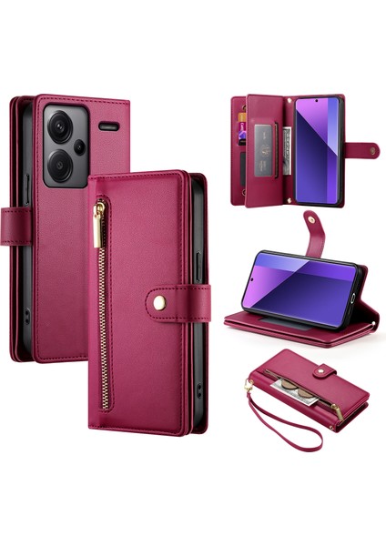 Anti-Düşen Telefon Kılıfı Xiaomi Redmi Için Not 13 Pro + 5g Kılıf Fermuar Cüzdan Deri Telefon Kapak Standı Görünüm-Kırmızı (Yurt Dışından)