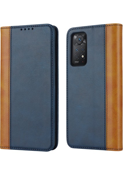 Anti-Düşen Telefon Kılıfı Xiaomi Redmi Için Not 11 Pro Kılıf Buzağı Dokusu 3 Kart Yuvaları Renk Ekleme Deri Telefon Kapağı-Mavi + Sarı (Yurt Dışından)
