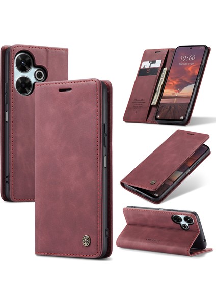 Anti-Düşen Telefon Kılıfı Xiaomi Redmi 13 5g/4g Kılıf Kart Tutucu Standı Deri Telefon Kapağı-Kırmızı (Yurt Dışından)