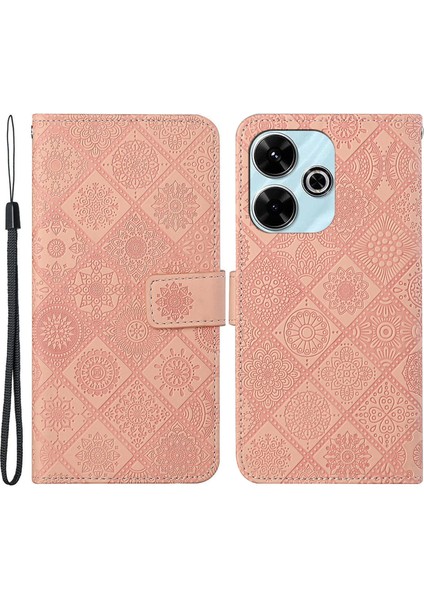 Anti-Düşen Telefon Kılıfı Xiaomi Redmi 13 5g/4g Deri Kılıf Etnik Tarzı Telefon Cüzdan Kapaklı Kayış-Pembe (Yurt Dışından)