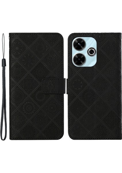 Anti-Düşen Telefon Kılıfı Xiaomi Redmi 13 5g/4g Deri Kılıf Etnik Tarzı Telefon Cüzdan Kapaklı Kayış-Siyah (Yurt Dışından)