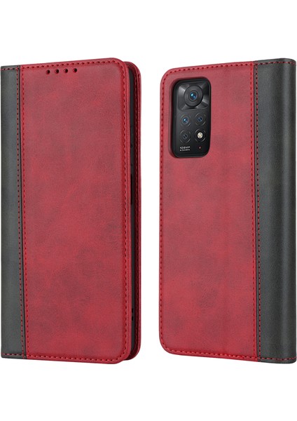 Anti-Düşen Telefon Kılıfı Xiaomi Redmi Için Not 11 Pro Kılıf Buzağı Dokusu 3 Kart Yuvaları Renk Ekleme Deri Telefon Kapağı-Kırmızı + Siyah (Yurt Dışından)
