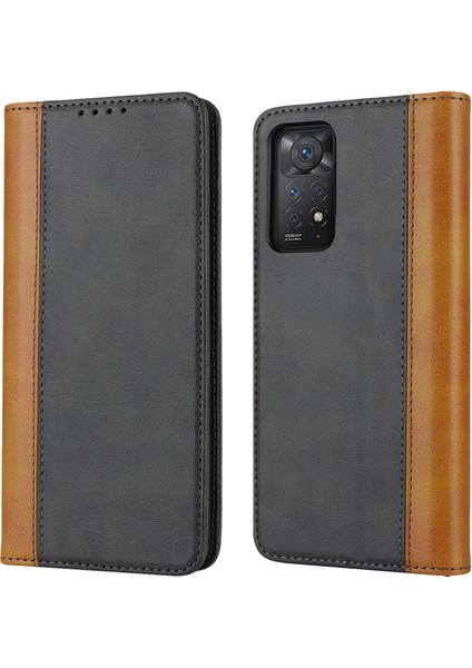 Anti-Düşen Telefon Kılıfı Xiaomi Redmi Için Not 11 Pro Kılıf Buzağı Dokusu 3 Kart Yuvaları Renk Ekleme Deri Telefon Kapağı-Siyah + Sarı (Yurt Dışından)