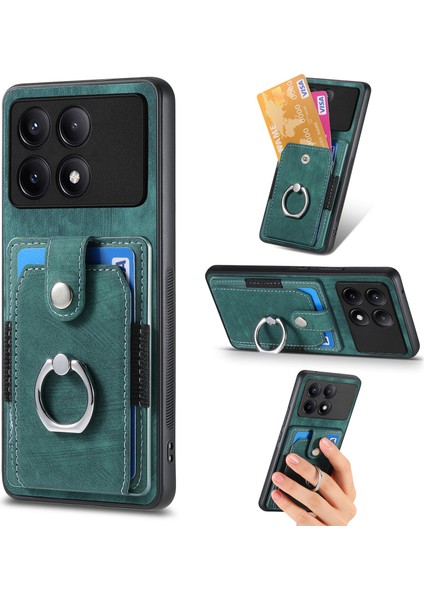 Anti-Düşen Telefon Kılıfı Için Xiaomi Poco F6 Pro Retro Kılıf Halka Tutucu Kickstand Deri + Tpu Kaymaz Koruyucu Kapak Kart Yuvaları-Yeşil (Yurt Dışından)