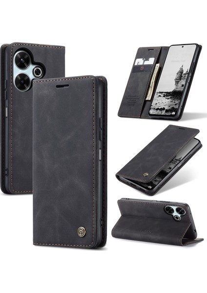 Anti-Düşen Telefon Kılıfı Xiaomi Redmi 13 5g/4g Kılıf Kart Tutucu Standı Deri Telefon Kapağı-Siyah (Yurt Dışından)