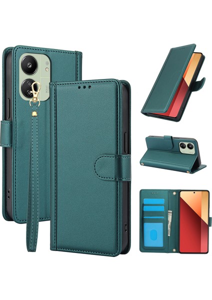 Anti-Düşen Telefon Kılıfı Xiaomi Poco M6 5g Kılıf Pu Deri Telefon Cüzdan Kapak ile El Kayışı-Yeşil (Yurt Dışından)