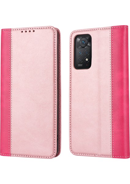Anti-Düşen Telefon Kılıfı Xiaomi Redmi Için Not 11 Pro Kılıf Buzağı Dokusu 3 Kart Yuvaları Renk Ekleme Deri Telefon Kapağı-Pembe Kırmızı (Yurt Dışından)