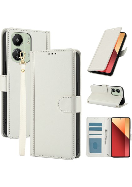 Anti-Düşen Telefon Kılıfı Için Xiaomi Poco M6 5g Kılıf Pu Deri Telefon Cüzdan Kapak ile El Kayışı-Beyaz (Yurt Dışından)