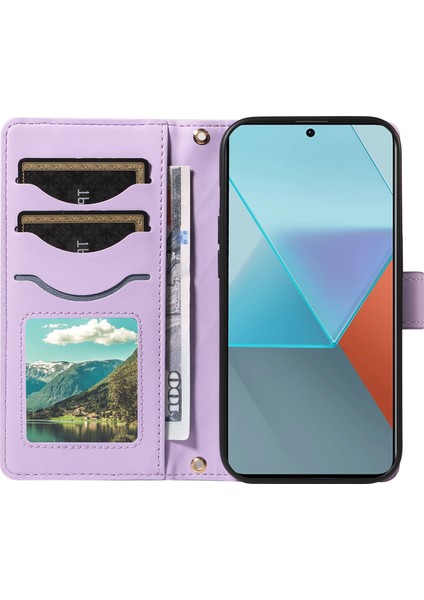Anti-Düşen Telefon Kılıfı Için Xiaomi Poco X6 5g Kılıf Cüzdan Eşkenar Dörtgen Deri Telefon Kapak ile Omuz Askısı Bilek Kayışı-Açık Mor (Yurt Dışından) modelleri