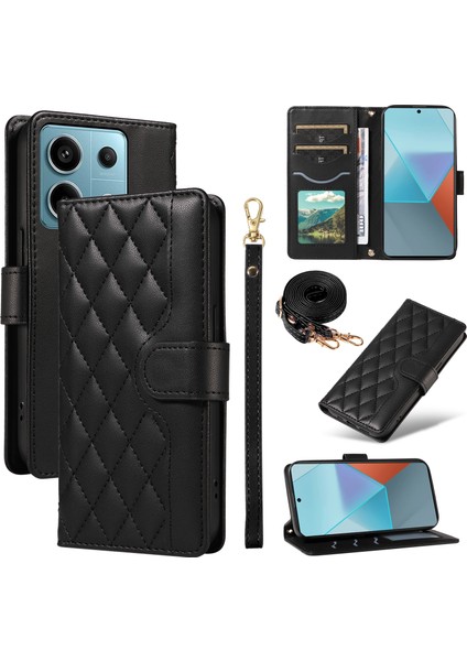 Anti-Düşen Telefon Kılıfı Xiaomi Poco X6 5g Kılıf Cüzdan Eşkenar Dörtgen Deri Telefon Kapak ile Omuz Askısı Bilek Kayışı-Siyah (Yurt Dışından)