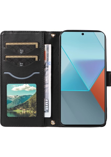 Anti-Düşen Telefon Kılıfı Xiaomi Poco X6 5g Kılıf Cüzdan Eşkenar Dörtgen Deri Telefon Kapak ile Omuz Askısı Bilek Kayışı-Siyah (Yurt Dışından) modelleri