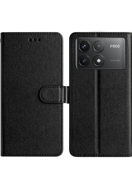 Anti-Düşen Telefon Kılıfı Için Xiaomi Poco F6 Pro 5g Kılıf Ipek Doku Deri Cüzdan Telefon Kapağı-Siyah (Yurt Dışından)