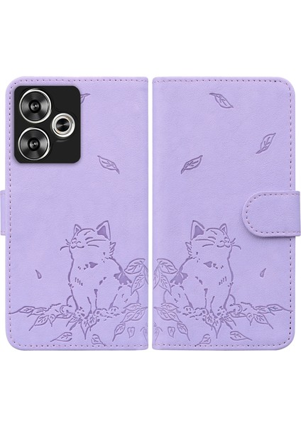 Anti-Düşen Telefon Kılıfı Için Xiaomi Poco F6 5g Kılıf Cüzdan Kedi Desen Baskılı Deri Telefon Kapağı-Mor (Yurt Dışından)