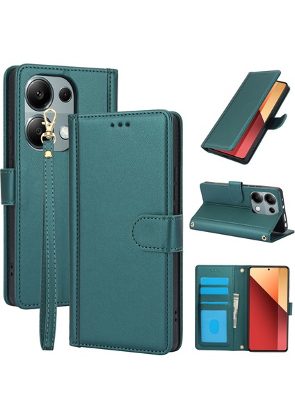 Anti-Düşen Telefon Kılıfı Xiaomi Poco M6 Pro 4g Durumda Pu Deri Standı Görünüm Telefon Cüzdan Kapak El Kayışı Ile-Yeşil (Yurt Dışından)