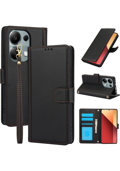 Anti-Düşen Telefon Kılıfı Için Xiaomi Poco X6 5g Kılıf Pu Deri Standı Görünüm Telefon Cüzdan Kapak ile El Kayışı-Siyah (Yurt Dışından)