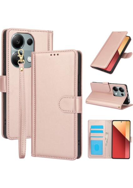 Anti-Düşen Telefon Kılıfı Için Xiaomi Poco X6 5g Kılıf Pu Deri Standı Görünüm Telefon Cüzdan Kapak El Kayışı Ile-Pembe (Yurt Dışından)