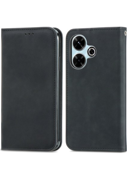Xiaomi Redmi 13 5g/4g Durumda Anti-Düşen Telefon Kılıfı Gizli Manyetik Deri Katlanır Halkalı Telefon Kılıfı Kapak-Siyah (Yurt Dışından)