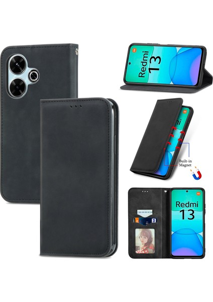 Xiaomi Redmi 13 5g/4g Durumda Anti-Düşen Telefon Kılıfı Gizli Manyetik Deri Katlanır Halkalı Telefon Kılıfı Kapak-Siyah (Yurt Dışından) indirimleri