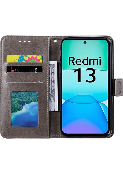 Anti-Düşen Telefon Kılıfı Xiaomi Redmi 13 5g/4g Telefon Kılıfı Baskılı Totem Pu Deri Cüzdan Kapak Standı-Gri (Yurt Dışından) modelleri