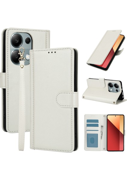 Anti-Düşen Telefon Kılıfı Xiaomi Poco X6 5g Kılıf Pu Deri Standı Görünüm Telefon Cüzdan Kapak El Kayışı Ile-Beyaz (Yurt Dışından)