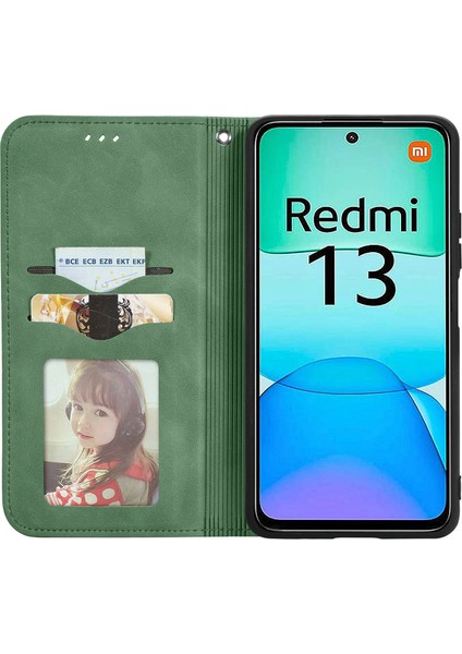 Xiaomi Redmi 13 5g/4g Durumda Anti-Düşen Telefon Kılıfı Gizli Manyetik Deri Katlanır Halkalı Telefon Kılıfı Kapak-Yeşil (Yurt Dışından) fiyatları