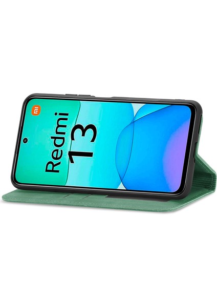 Xiaomi Redmi 13 5g/4g Durumda Anti-Düşen Telefon Kılıfı Gizli Manyetik Deri Katlanır Halkalı Telefon Kılıfı Kapak-Yeşil (Yurt Dışından) modelleri