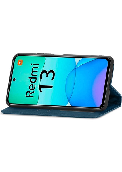 Anti-Düşen Telefon Kılıfı Xiaomi Redmi 13 5g/4g Durumda Gizli Manyetik Deri Katlanır Halkalı Telefon Kılıfı Kapak-Koyu Mavi (Yurt Dışından) modelleri