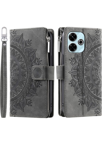 Anti-Düşen Telefon Kılıfı Xiaomi Redmi 13 5g/4g Cüzdan Kılıf Pu Deri Telefon Kapağı Mandala Çiçek Desen-Gri (Yurt Dışından)