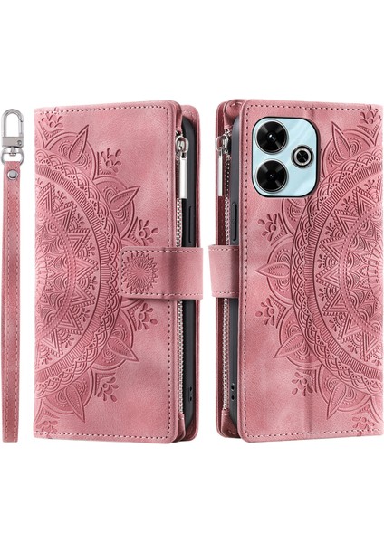 Anti-Düşen Telefon Kılıfı Xiaomi Redmi 13 5g/4g Cüzdan Kılıf Pu Deri Telefon Kapak Mandala Çiçek Desen-Gül Altın (Yurt Dışından)