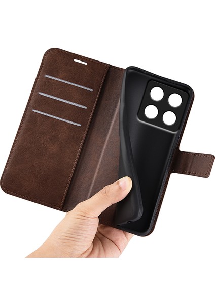 Xiaomi 14T Standlı Kılıf Için Anti-Düşme Telefon Kılıfı Çizilmez Buzağı Dokusu Deri Telefon Kapağı-Kahverengi (Yurt Dışından) modelleri