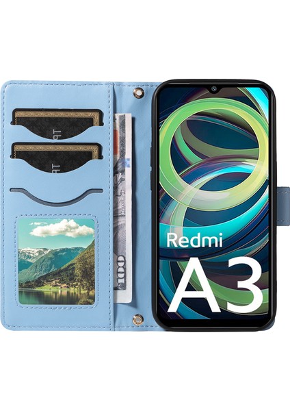 Anti-Düşen Telefon Kılıfı Xiaomi Poco C61 4g Kılıf Cüzdan Eşkenar Dörtgen Deri Telefon Kapak ile Omuz Askısı Bilek Kayışı-Mavi (Yurt Dışından) modelleri