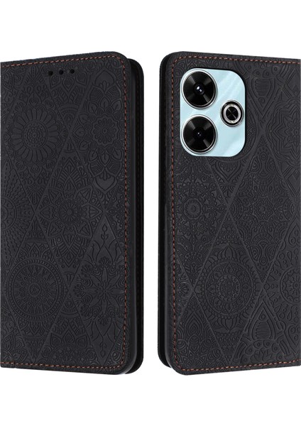 Anti-Düşen Telefon Kılıfı Xiaomi Redmi 13 5g/4g Durumda Baskılı Çiçek Cüzdan Standı Deri Telefon Kapağı-Siyah (Yurt Dışından)