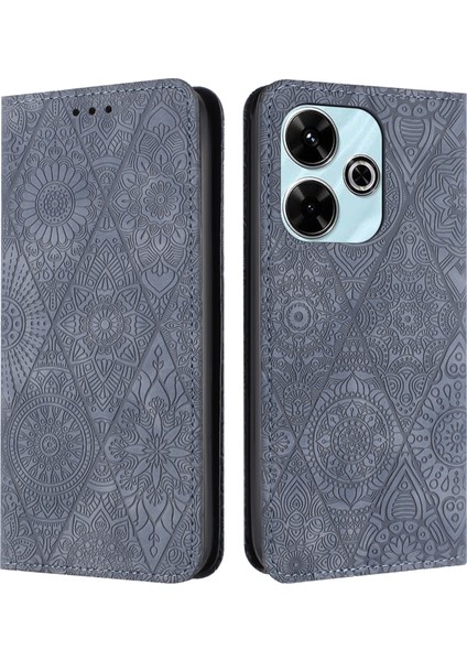 Anti-Düşen Telefon Kılıfı Xiaomi Redmi 13 5g/4g Kılıf Baskılı Çiçek Cüzdan Standı Deri Telefon Kapağı-Gri (Yurt Dışından)
