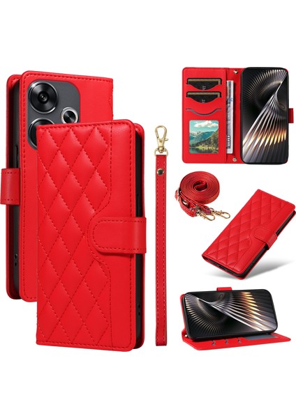 Anti-Düşen Telefon Kılıfı Xiaomi Redmi 13 5g/4g Kılıf Cüzdan Eşkenar Dörtgen Deri Telefon Kapak ile Omuz Askısı Bilek Kayışı-Kırmızı (Yurt Dışından)