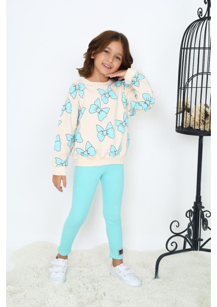 Kız Çocuk Yeni Sezon Aqua Mavi Kelebek Fiyonk Desen Fitilli Tayt Sweatshirt Alt Üst Takım