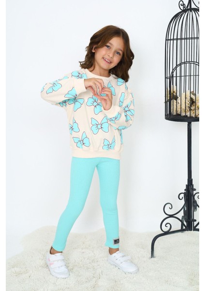 Kız Çocuk Yeni Sezon Aqua Mavi Kelebek Fiyonk Desen Fitilli Tayt Sweatshirt Alt Üst Takım