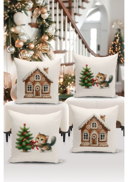 Yılbaşı Serisi Çift Tarafı Dijital Baskılı 4'lü Kırlent Kılıfı Seti (Christmas Noel Cushion Cover)