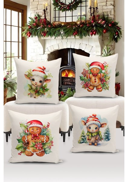 Yılbaşı Serisi Çift Tarafı Dijital Baskılı 4'lü Kırlent Kılıfı Seti (Christmas Noel Cushion Cover)