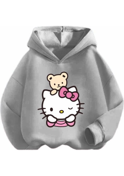 Kids Face Özel Tasarım Kapüşonlu Hello Kitty ve Ayıcığı Baskılı Şardonlu Kışlık Kız Çocuk Sweatshirt