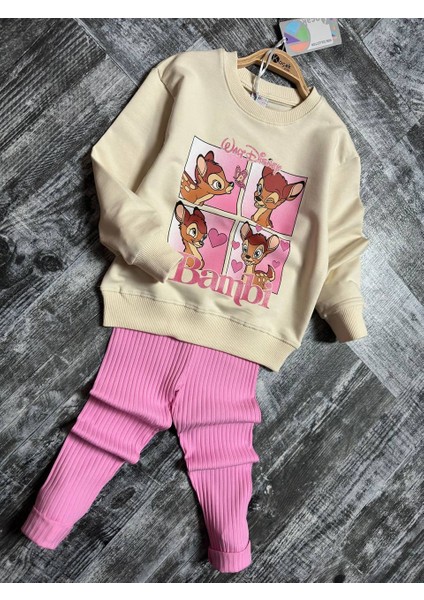 Kız Çocuk Taytlı Uzun Kol Iki Iplik Bambi Figürlü Simli Takım 3-10 Yaş