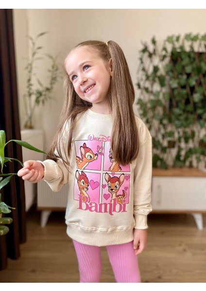 Kız Çocuk Taytlı Uzun Kol Iki Iplik Bambi Figürlü Simli Takım 3-10 Yaş fırsatları