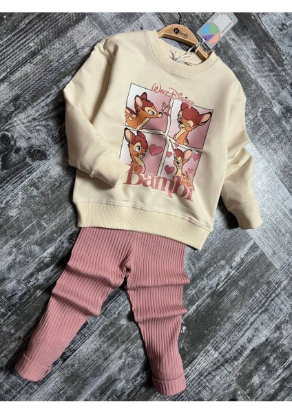 Kız Çocuk Taytlı Uzun Kol Iki Iplik Bambi Figürlü Simli Takım 3-10 Yaş