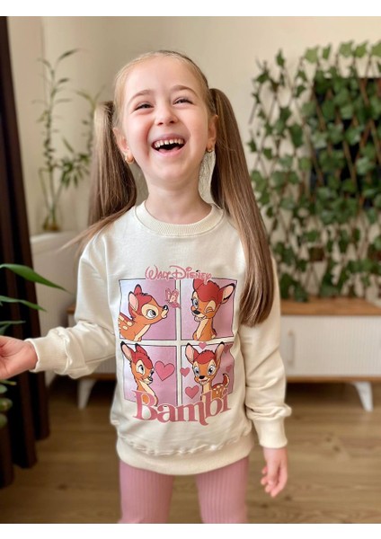 Kız Çocuk Taytlı Uzun Kol Iki Iplik Bambi Figürlü Simli Takım 3-10 Yaş modelleri