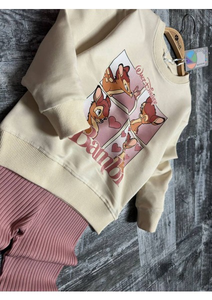 Kız Çocuk Taytlı Uzun Kol Iki Iplik Bambi Figürlü Simli Takım 3-10 Yaş fırsatları